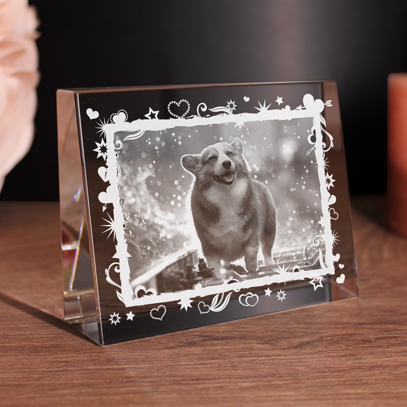 LovePets 2D Glaskristall Flachglas selbststehend Rahmen aus Sternen und Herzen